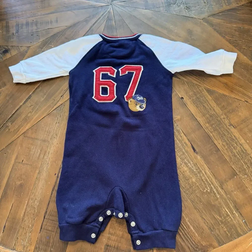 Ralph Lauren Baby Boys Polo Bear 67 Baseball Romper 3M Navy White Long Sleeve